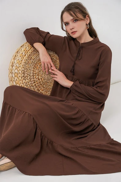 T1627 Yaka Bağcıklı Elbise - E. Kahve - Resim 2