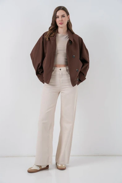Oversize Kısa Trençkot 5977 - Kahverengi - Resim 2