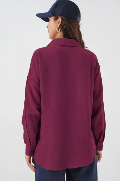 20153 Tek Cepli Oversize Keten Gömlek - Mürdüm - Resim 2