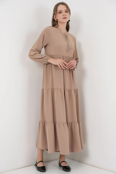 T1627 Yaka Bağcıklı Elbise - Y.Bej - Resim 4