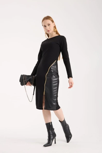 Kadın Bisiklet Yaka Uzun Kollu Deri Ve Fermuar Detay Mini Yırtmaçlı Elbise - Resim 6