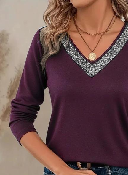Kadın Uzun Kollu V Payet Yakalı Viskon Mürdüm Bluz - Resim 3