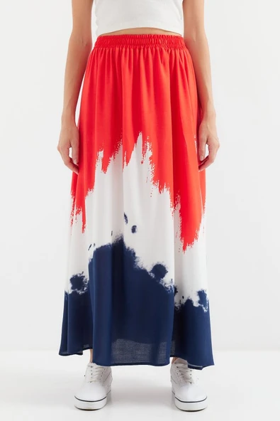 8025 Desenli Uzun Viskon Etek - Kırmızı - Resim 2