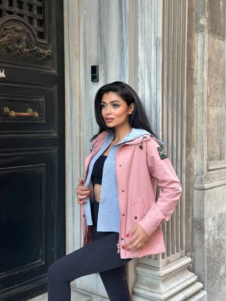 Kadın Ek Parça Kapüşon Kol Arma Detay Gabardin Ceket ürün görseli 1