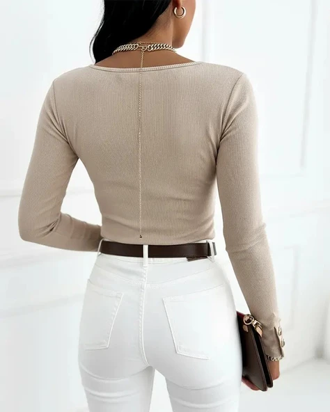 Kadın Uzun Kollu Yakadan Açık Ve Düğme Detaylı Kaşkorse Bluz - Resim 3