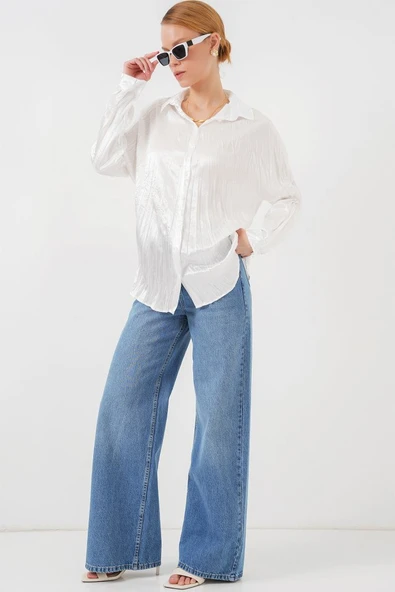 Kırışık Saten Gömlek 20316 - Beyaz - Resim 2