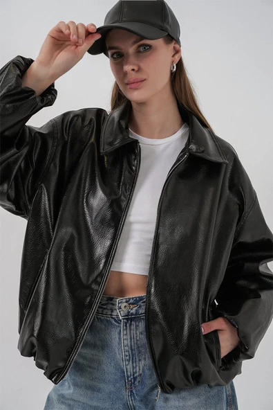 Oversize Suni Deri Ceket 1049 - Siyah - Resim 2