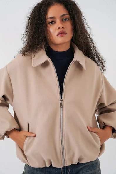 Büzgülü Oversize Kaşe Ceket 0728 - Bej ürün görseli 1