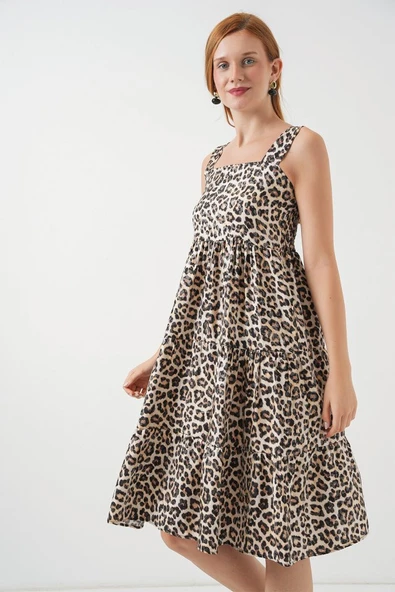 Desenli Askılı Midi Elbise 2577 - C. Kahverengi - Resim 3