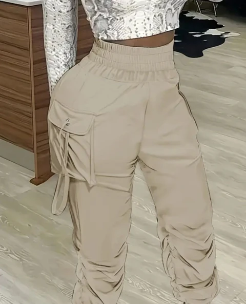 Kadın Yüksek Bel Beli Lastikli Kargo Cep Detaylı Gabardin Pantolon - Resim 2