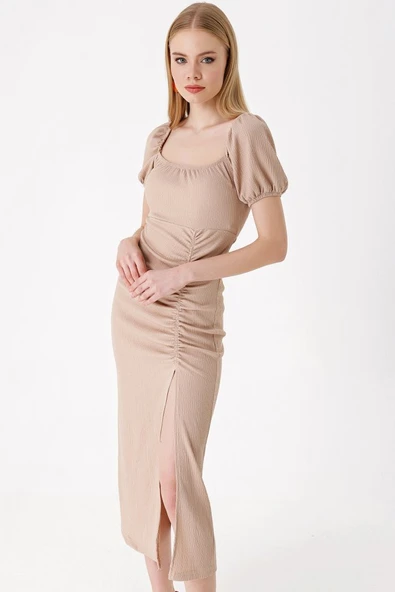 2396 Yırtmaçlı Yazlık Örme Elbise - Bisküvi - Resim 4