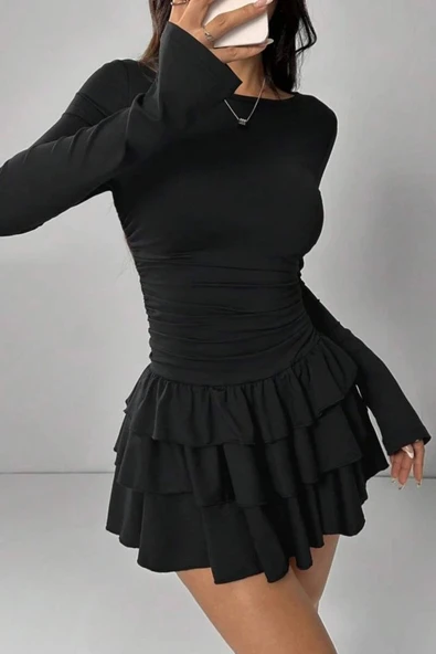 Eteği Kat Kat Volanlı Mini Elbise ürün görseli 1