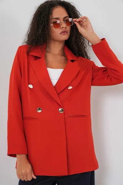 Kruvaze Yaka Blazer Ceket 0722 - Kiremit - Resim 3