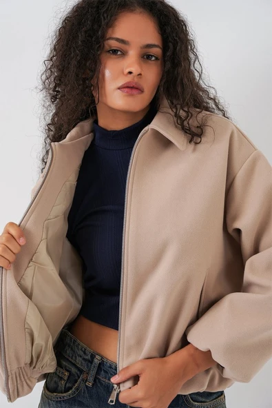 Büzgülü Oversize Kaşe Ceket 0728 - Bej - Resim 4