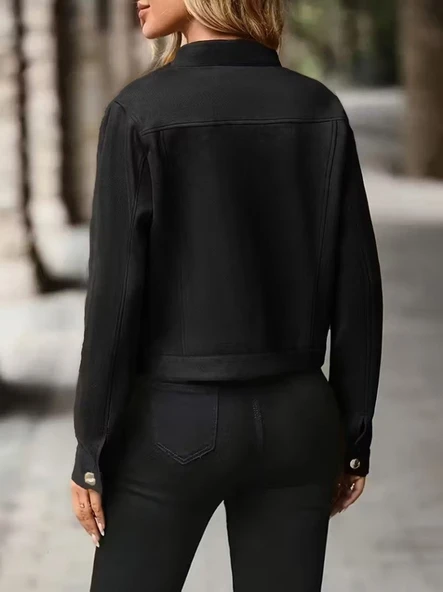 Kadın Uzun Kollu önden Düğmeli Kısa Süet Ceket - Resim 3