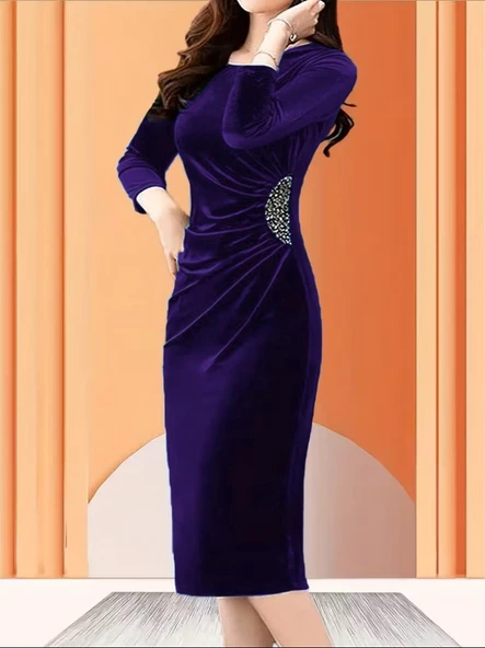 Kadın Uzun Kollu Bot Yaka Yanı Taş Detaylı Midi Kadife Elbise ürün görseli 1