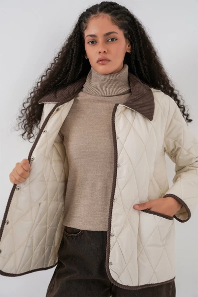 Kapitone Oversize Mont 5226 - Ekru Kahve - Resim 4