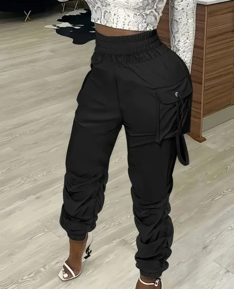 Kadın Yüksek Bel Beli Lastikli Kargo Cep Detaylı Gabardin Pantolon - Resim 3