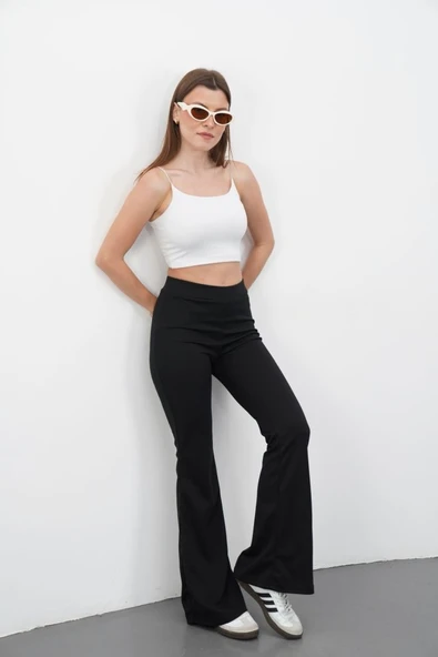 Kadın Yüksek Bel Krep Kumaş Bol Paça Pantolon - Resim 2