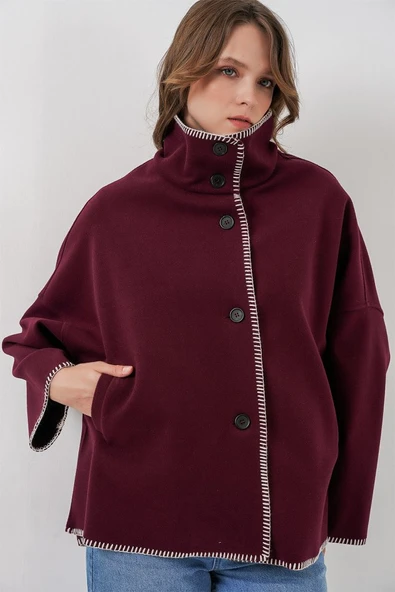 Nakışlı Kaşe Ceket 9167 - Bordo - Resim 4