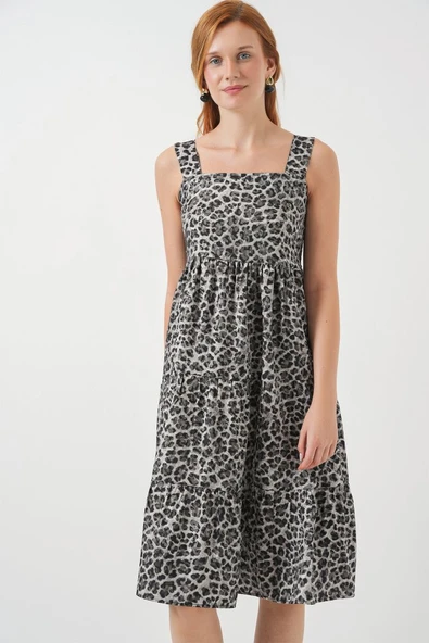 Desenli Askılı Midi Elbise 2577 - Antrasit - Resim 4