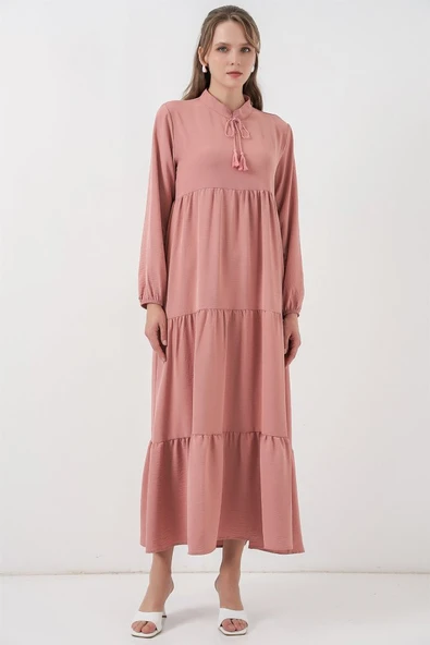 T1627 Yaka Bağcıklı Elbise - Pudra ürün görseli 1