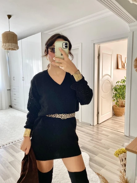 Kadın Uzun Kollu V Yakalı Mini Triko Elbise - Resim 10