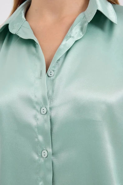 3964 Hafif Dökümlü Saten Gömlek - Çağla - Resim 3