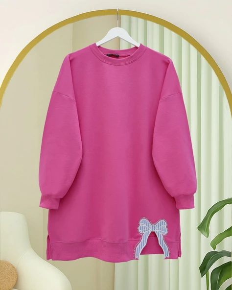 Yuvarlak Yaka Eteği Fiyonk Detaylı  Salaş Penye Tunik -Pembe ürün görseli 1