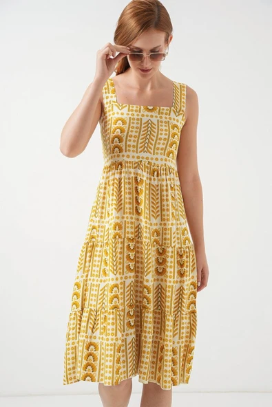 Desenli Askılı Midi Elbise 2577 - Sarı - Resim 3