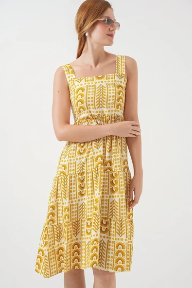 Desenli Askılı Midi Elbise 2577 - Sarı - Resim 4