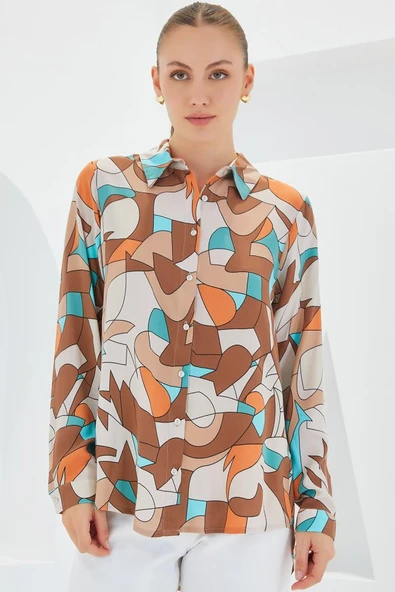 3721 Grafik Desenli Gömlek - Sütlü Kahve - Resim 2