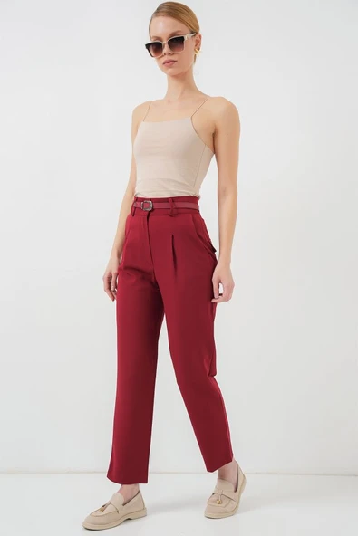 Pileli Kemerli Kumaş Pantolon 6725 - Kırmızı ürün görseli 1
