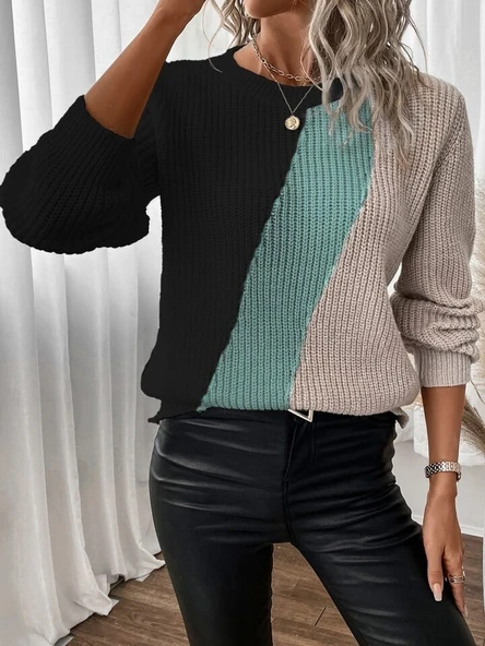 Kadın Uzun Kollu üç Renk Triko Bluz - Resim 2