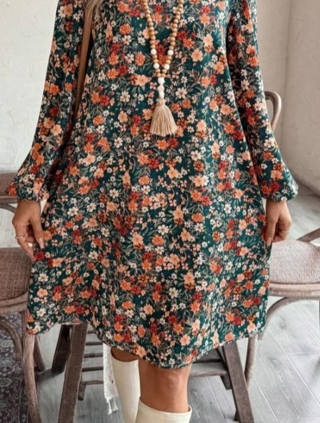 Kadın Uzun Kollu V Yakalı Desenli Modal Mini Elbise - Resim 3