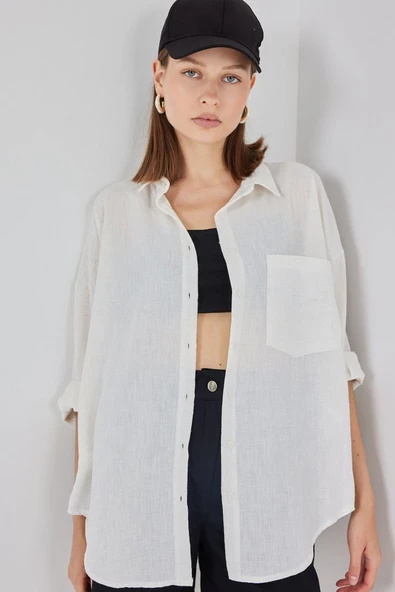 20153 Tek Cepli Oversize Keten Gömlek - Ekru ürün görseli 1
