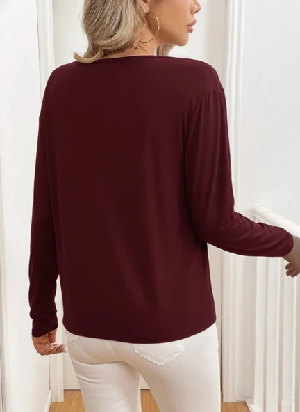 Kadın Uzun Kollu V Yakalı Viskon Iki Iplik Bluz - Resim 3