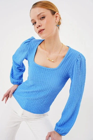 0442 Uzun Kollu Bluz - Saks ürün görseli 1