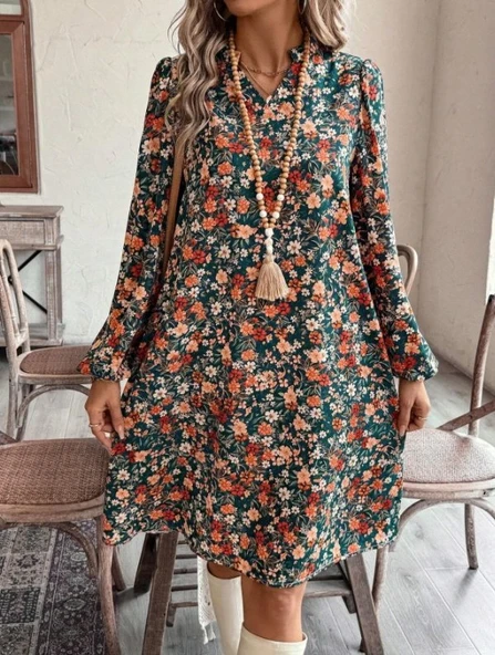 Kadın Uzun Kollu V Yakalı Desenli Modal Mini Elbise ürün görseli 1