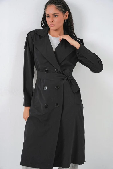 Kruvaze Yaka Trençkot 5978 - Siyah - Resim 3