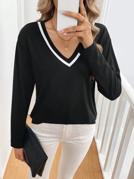 Kadın Uzun Kollu V Yakalı Viskon Iki Iplik Bluz - Resim 4