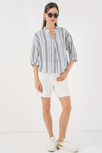 Çizgili Oversize Bluz 967 - Lacivert - Resim 2