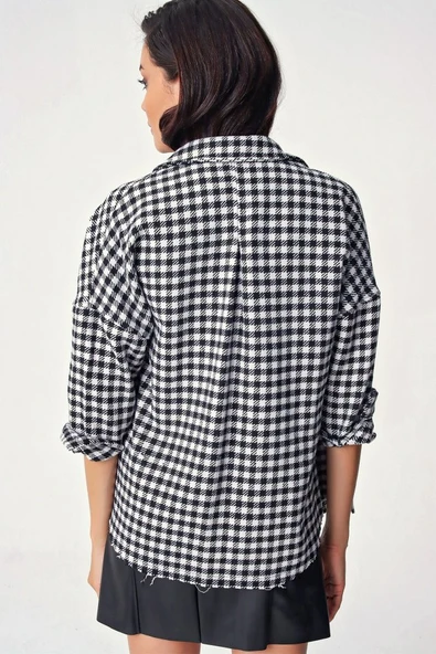 Ekose Desen Oversize Oduncu Gömlek 3854 - Siyah - Beyaz - Resim 4