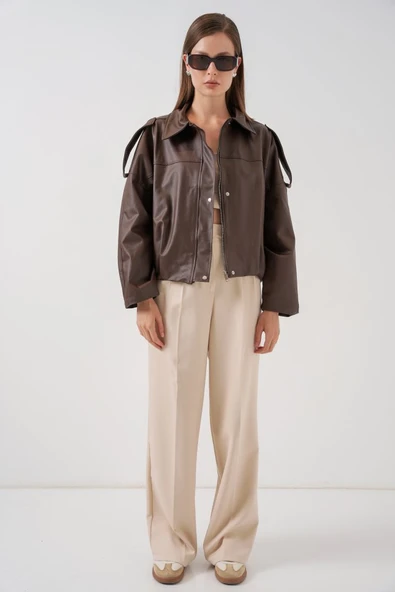 Oversize Deri Ceket 1055 - Kahverengi - Resim 2