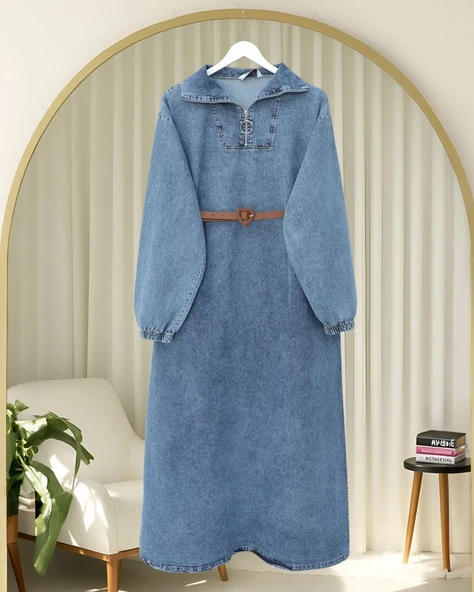 Yarım Boğazlı Fermuarlı Cepli Kot Elbise  -Buz Mavi ürün görseli 1