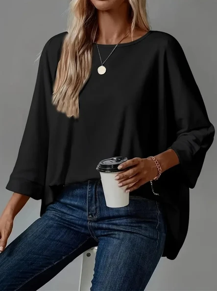 Kadın Truvakar Kollu Bisiklet Yaka Viskon Bluz ürün görseli 1