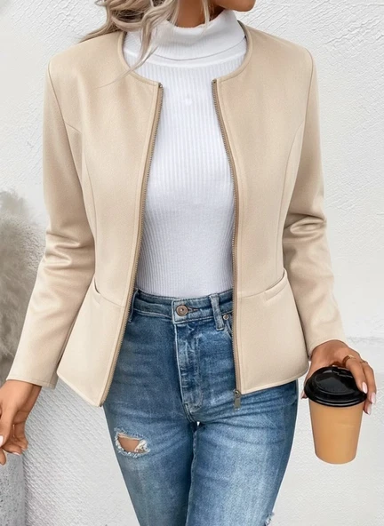 Kadın Uzun Kollu Yuvarlak Yaka önden Fermuarlı Süet Ceket - Resim 2