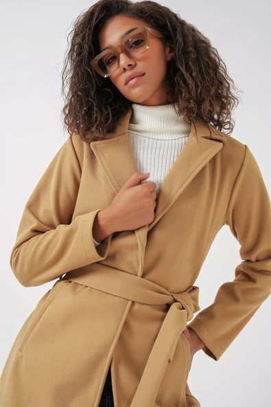 9118 Kruvaze Yaka Kaşe Kaban - Hardal - Resim 4