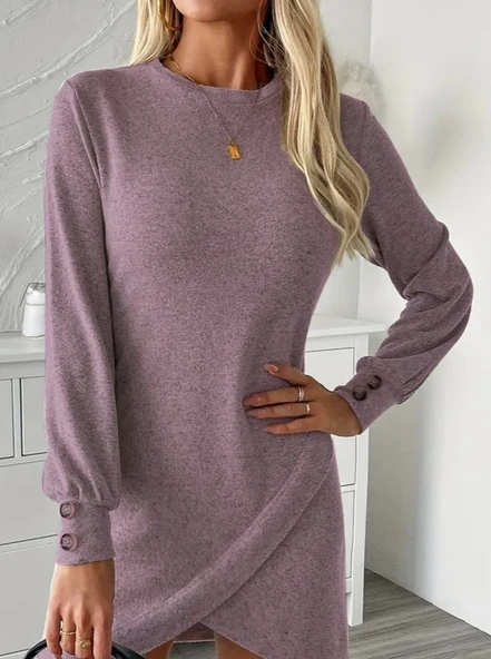 Kadın Uzun Kollu Bisiklet Yaka önden Asimetrik Kesim Detaylı Mini Yumoş Elbise - Resim 2