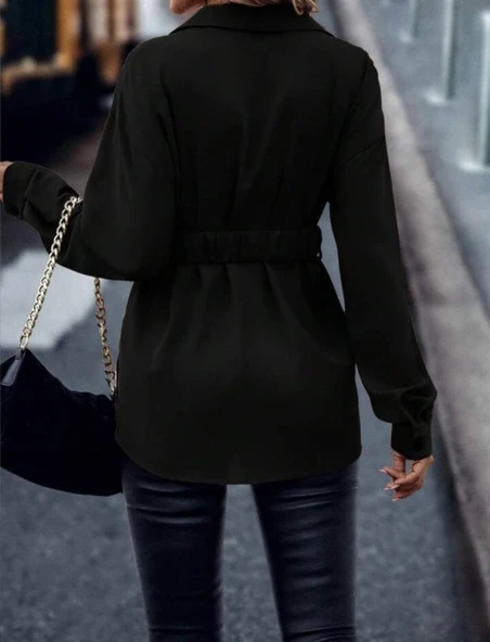 Kadın Uzun Kollu Yakalı önden Düğmeli Belden Kemerli Ithal Krep Bluz - Resim 4